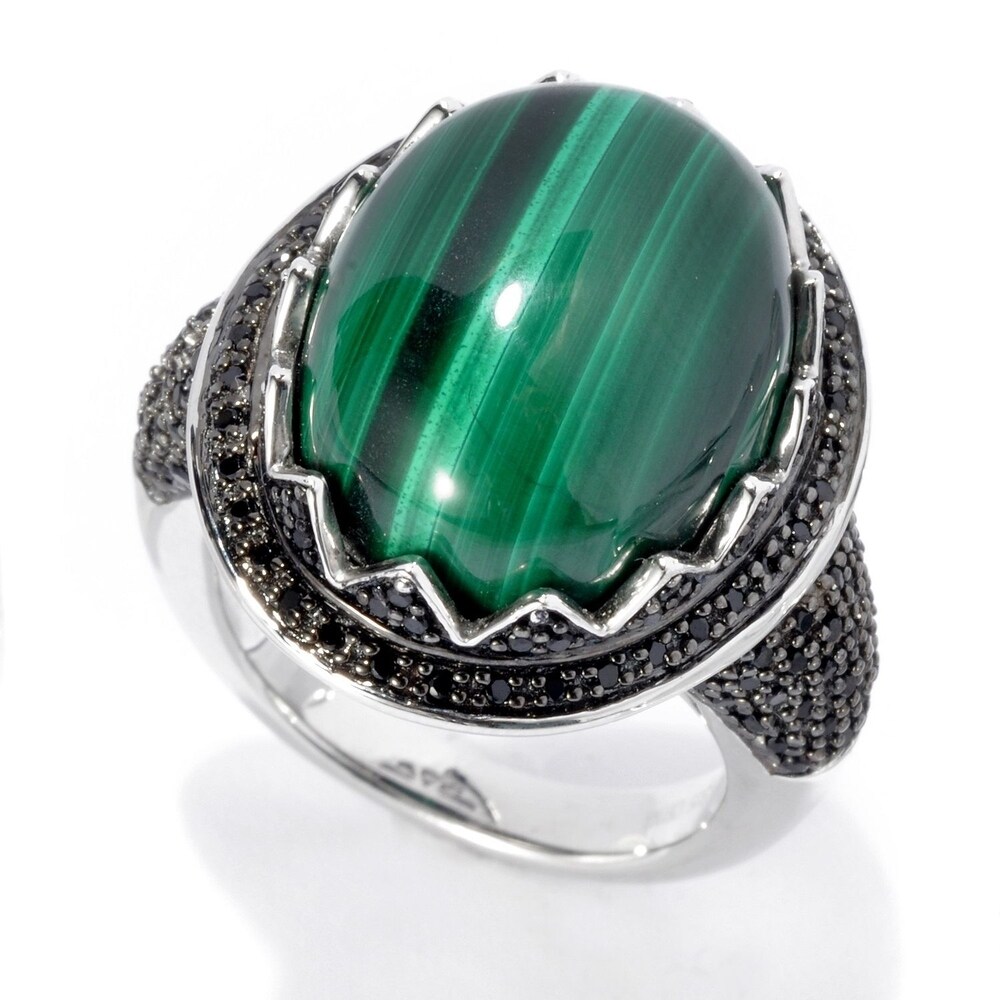 Sterling Silver Malachite Ring for Men Large Oval 3 Stripe Diagonal Solid Back Handmade Sizes 9-13 